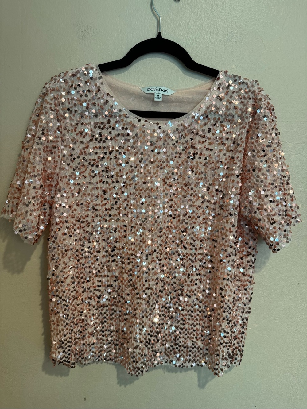 DAVI & DANI Blush Rose Gold Sequin Short Sleeve Top All Over Sparkle!